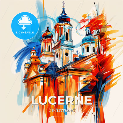 Vibrant Lucerne, Switzerland - A Painting Of A Building With A Colorful Design - Square format print template