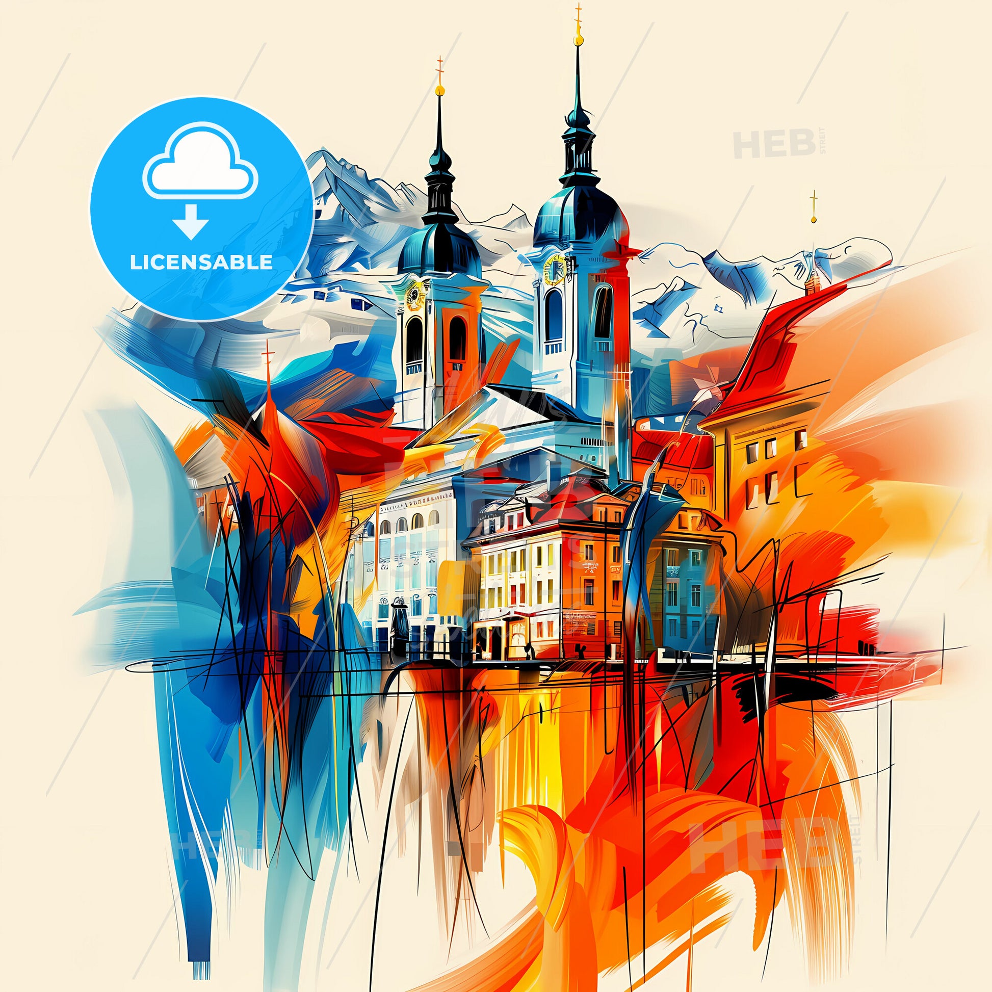 Vibrant Lucerne, Switzerland - A Painting Of A City With Mountains In The Background