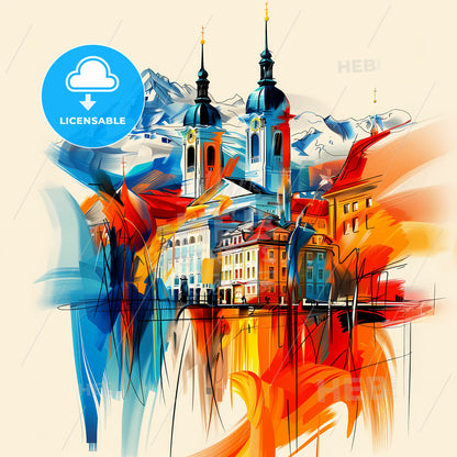 Vibrant Lucerne, Switzerland - A Painting Of A City With Mountains In The Background