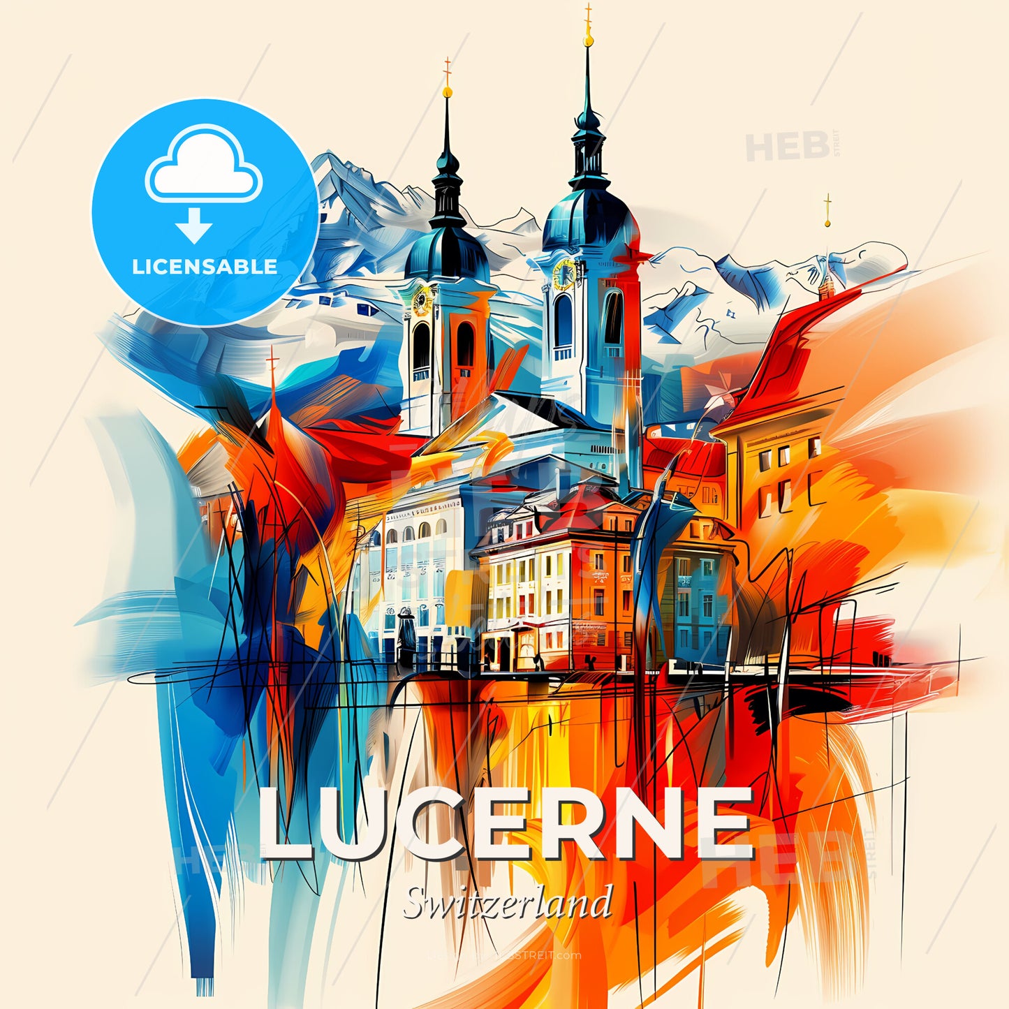 Vibrant Lucerne, Switzerland - A Painting Of A City With Mountains In The Background - Square format print template