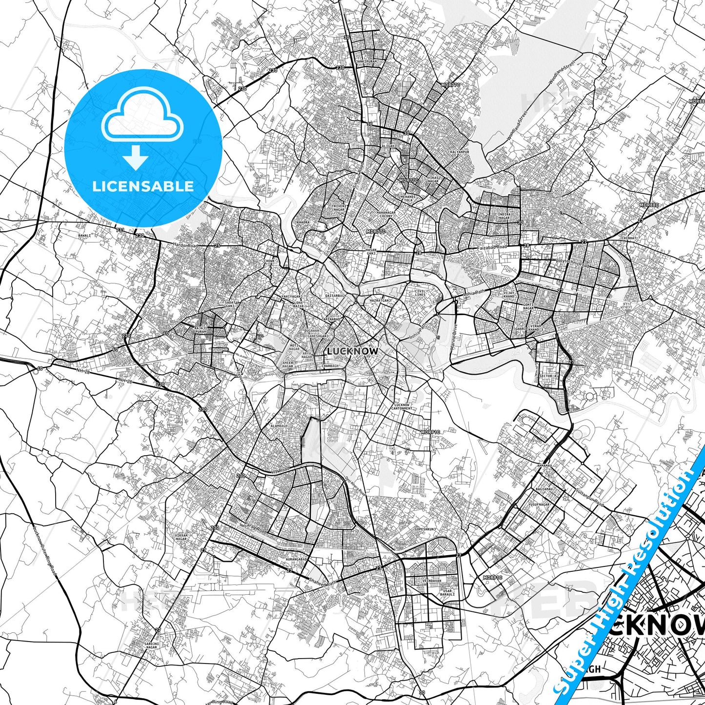 Lucknow, India light map with streetnames, citynames and districts