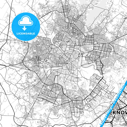Lucknow, India light map with streetnames, citynames and districts