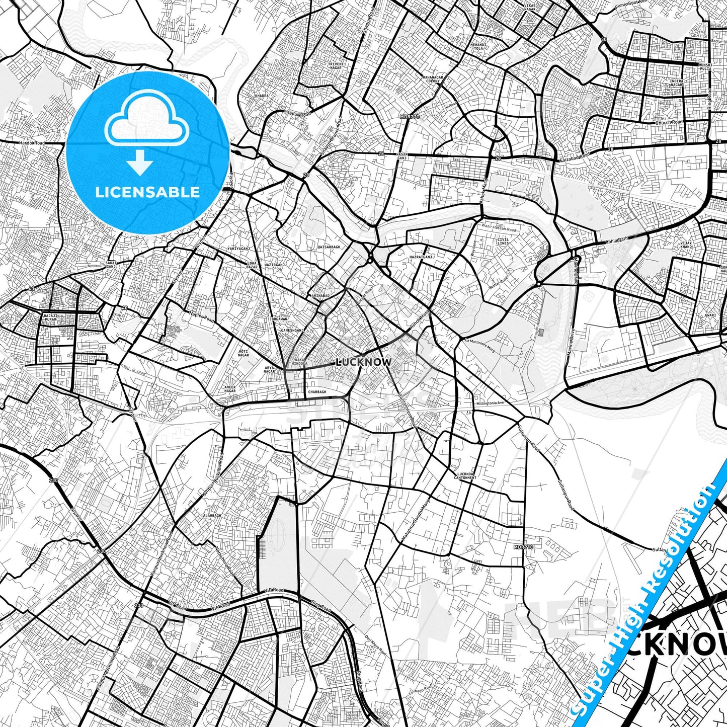 Lucknow, India Light Map with Street Names, City Names, and Districts