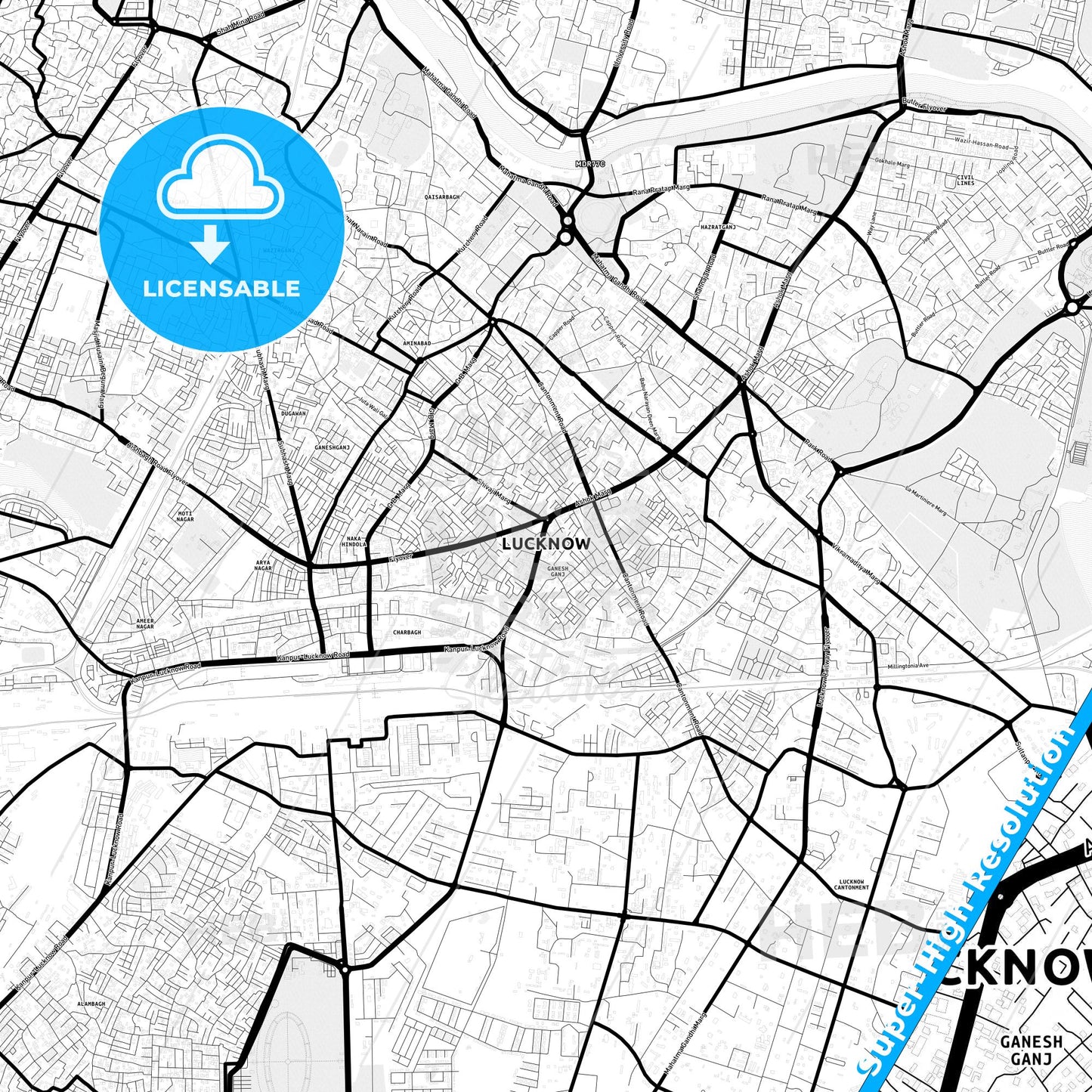 Lucknow, India Light Map with Street Names, City Names, and Districts