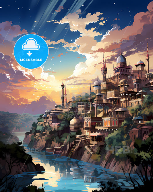 Lucknow City Skyline India Cityscape River Painting Vibrant Art