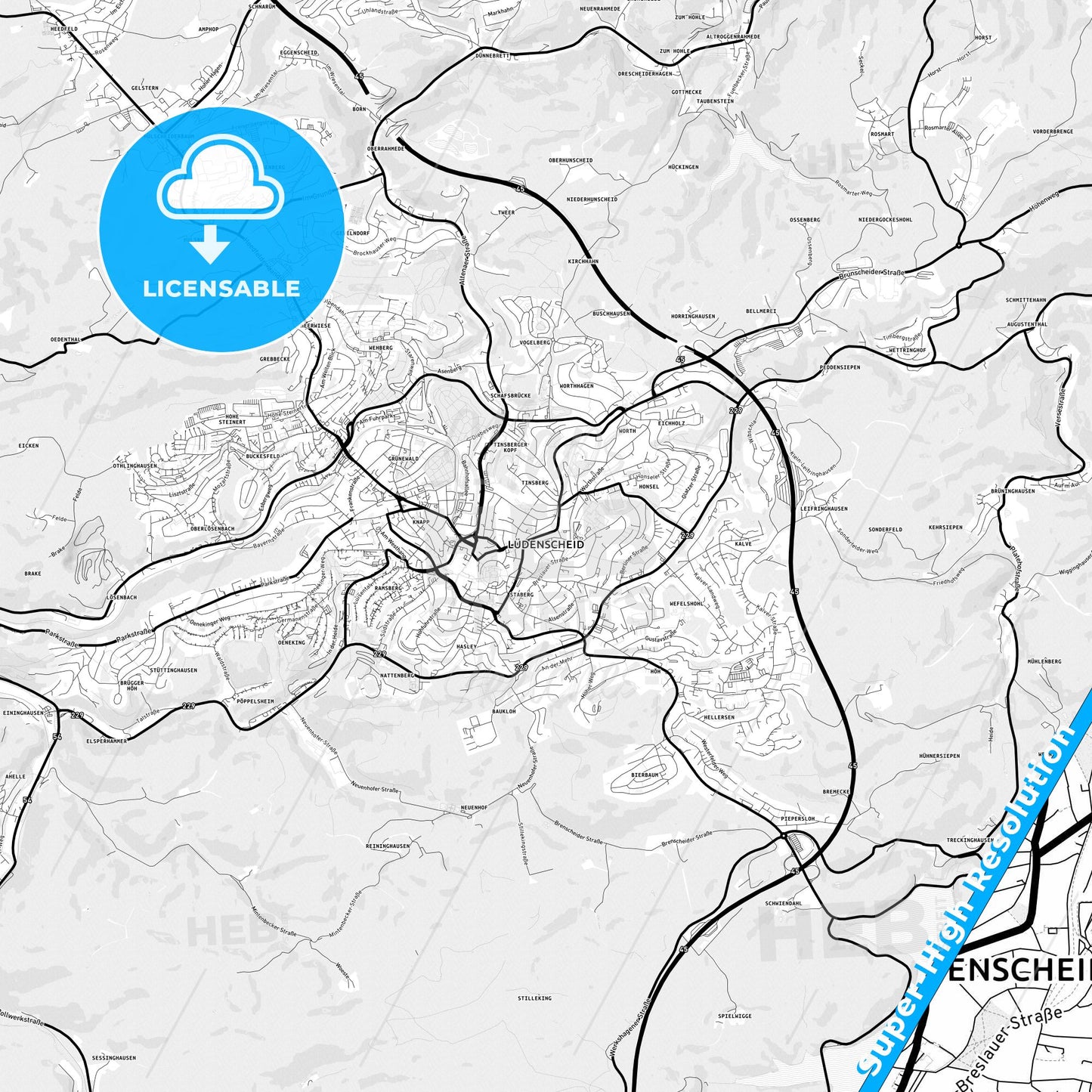 Ludenscheid, Germany Light Map with Street Names, City Names, and Districts