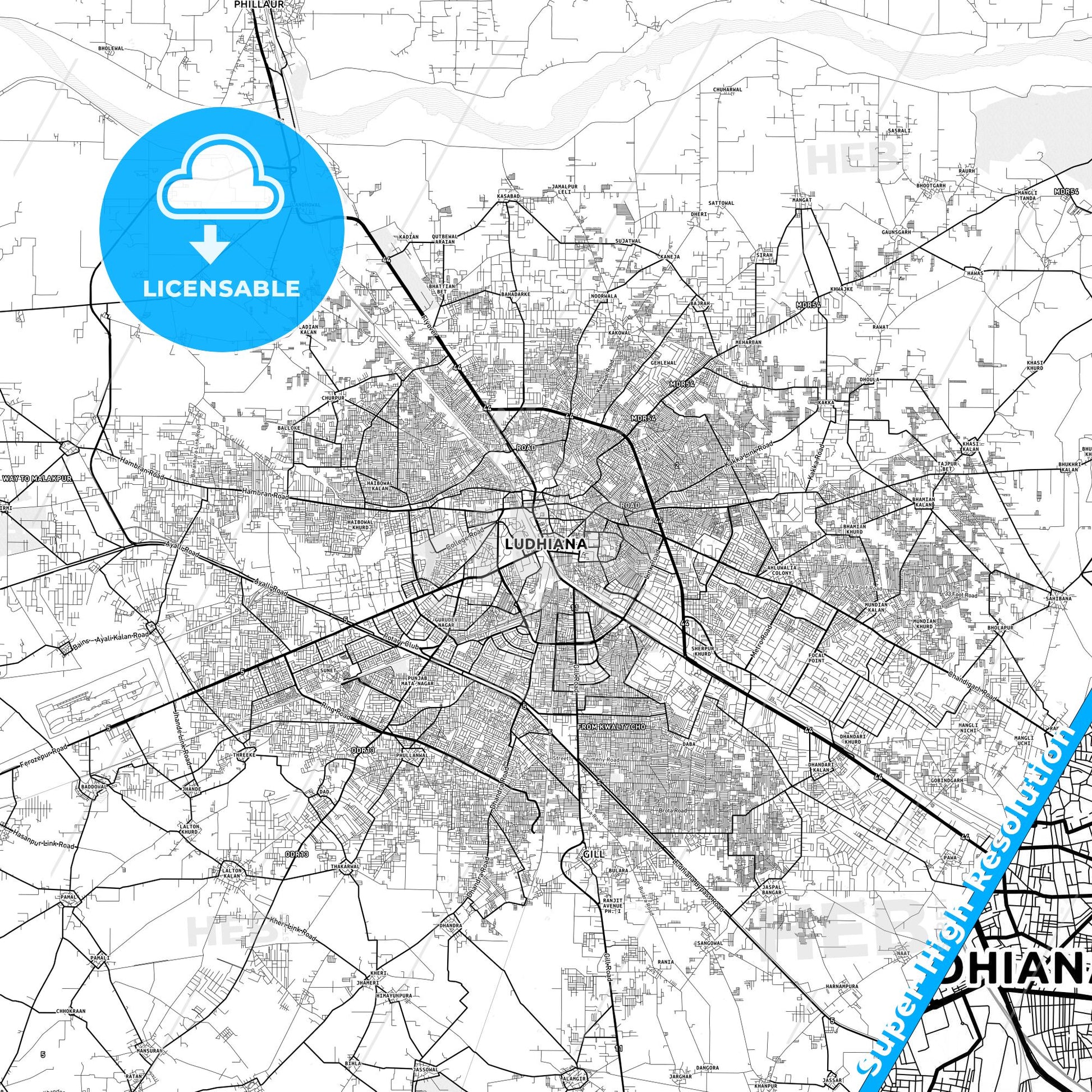 Ludhiana, India light map with streetnames, citynames and districts