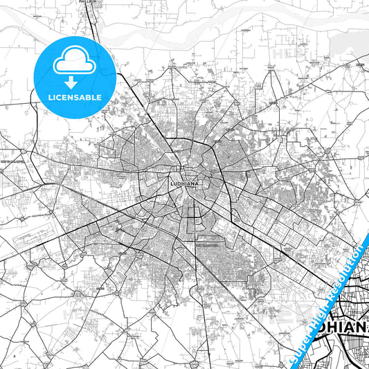 Ludhiana, India light map with streetnames, citynames and districts