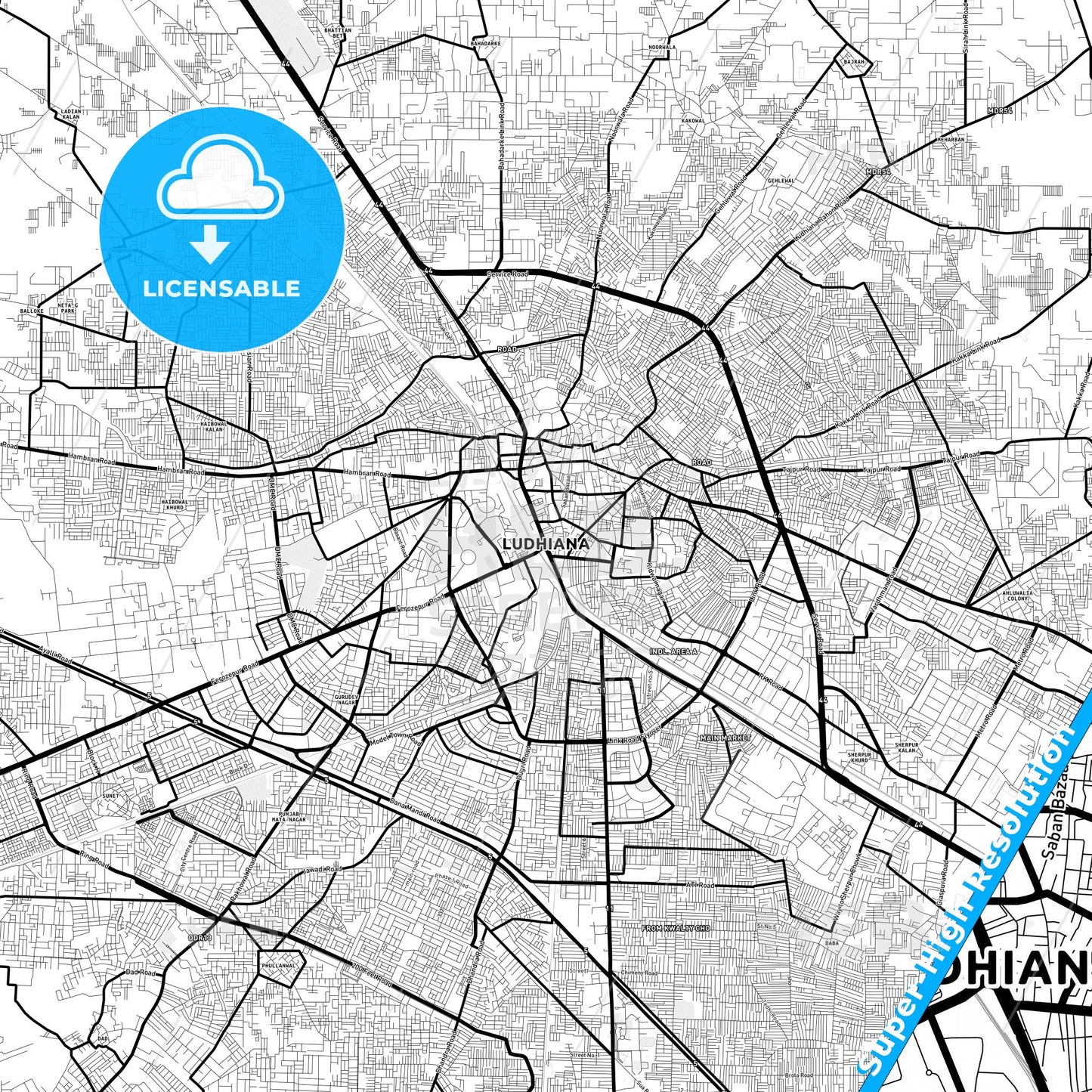 Ludhiana, India Light Map with Street Names, City Names, and Districts