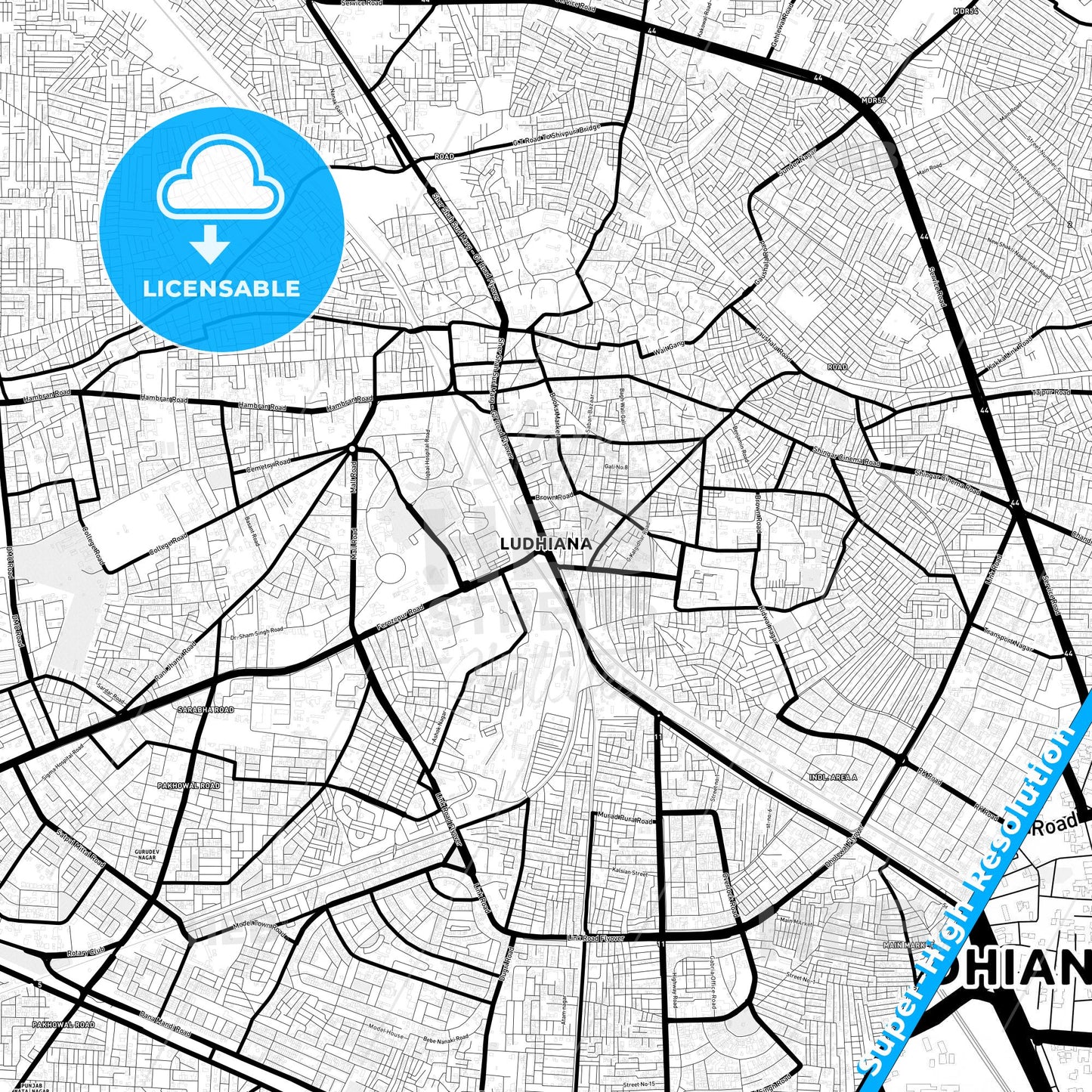Ludhiana, India Light Map with Street Names, City Names, and Districts