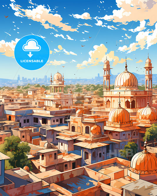 Vibrant Artistic Depiction of Ludhiana Skyline with Domes and Towers, Capturing the City's Heritage and Architecture