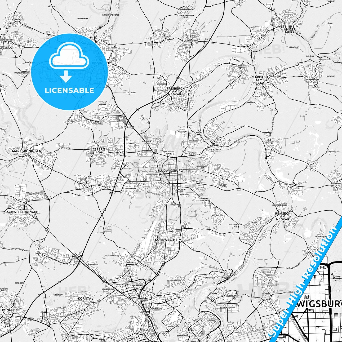 Ludwigsburg, Germany light map with streetnames, citynames and districts