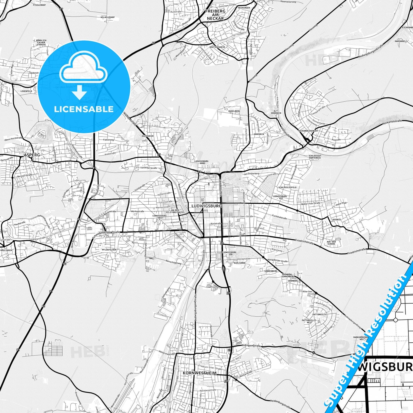 Ludwigsburg, Germany Light Map with Street Names, City Names, and Districts