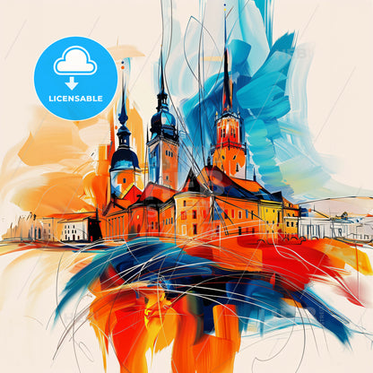 Vibrant Ludwigshafen Am Rhein, Germany - A Painting Of A Building With Towers