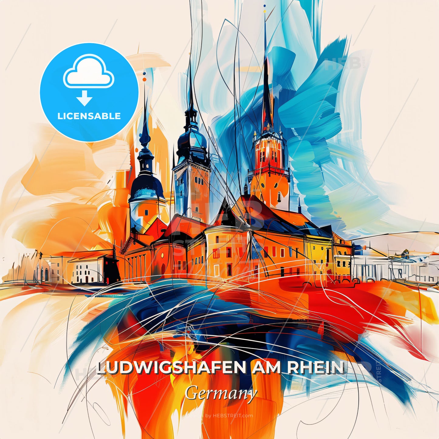 Vibrant Ludwigshafen Am Rhein, Germany - A Painting Of A Building With Towers - Square format print template