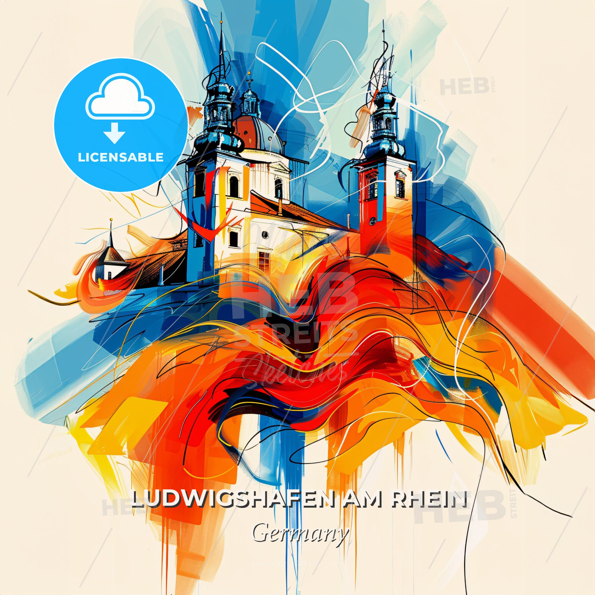 Vibrant Ludwigshafen Am Rhein, Germany - A Painting Of A Building With Towers - Square format print template