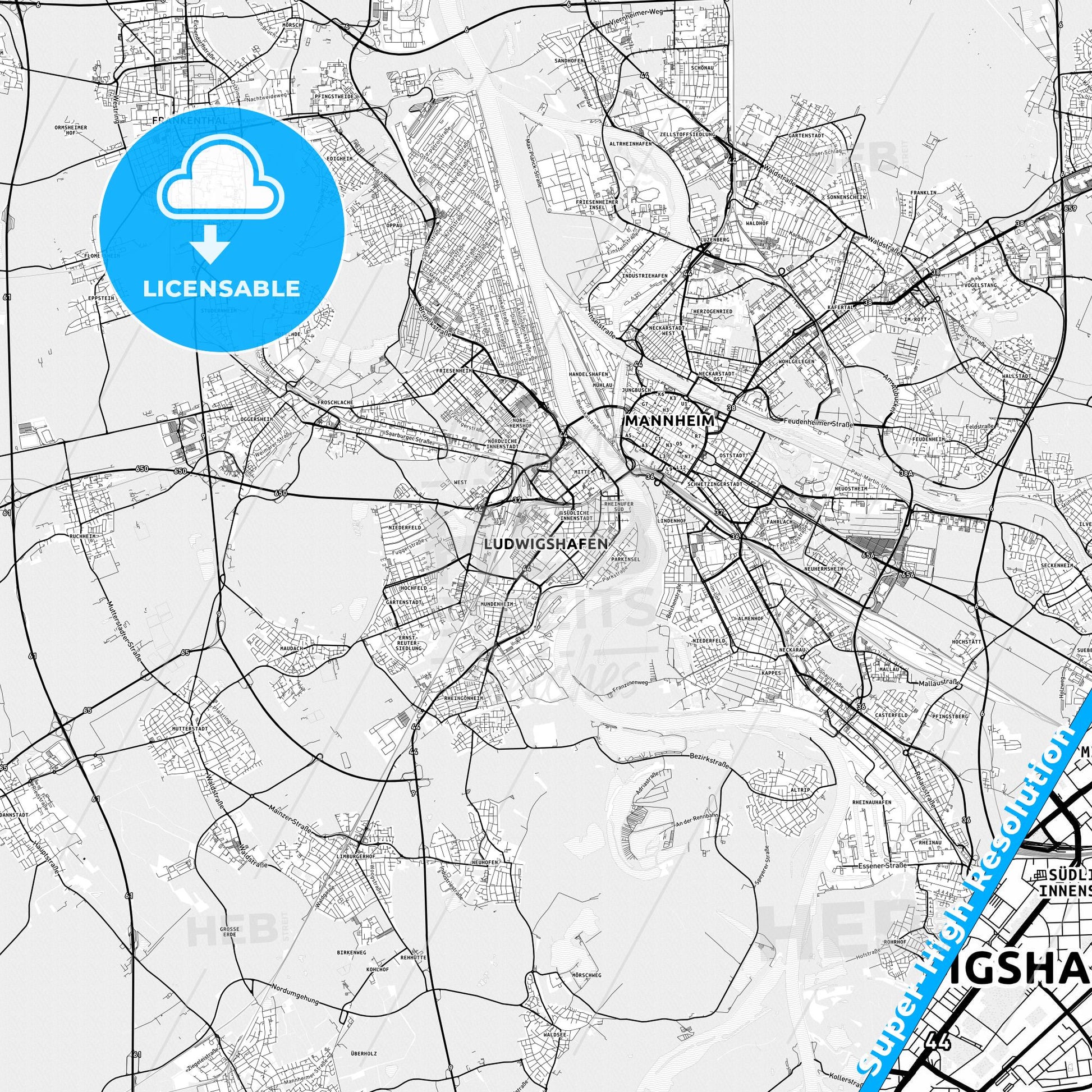 Ludwigshafen am Rhein, Germany light map with streetnames, citynames and districts