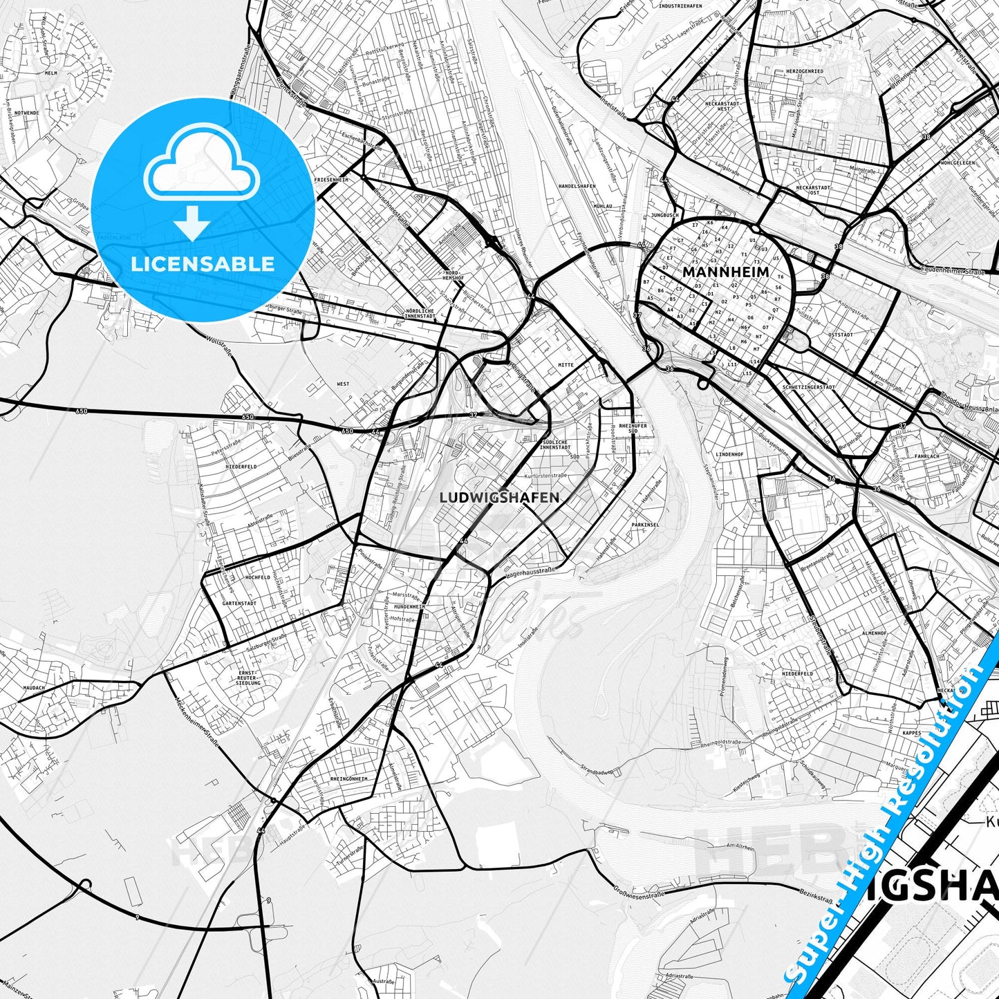 Ludwigshafen am Rhein, Germany Light Map with Street Names, City Names, and Districts