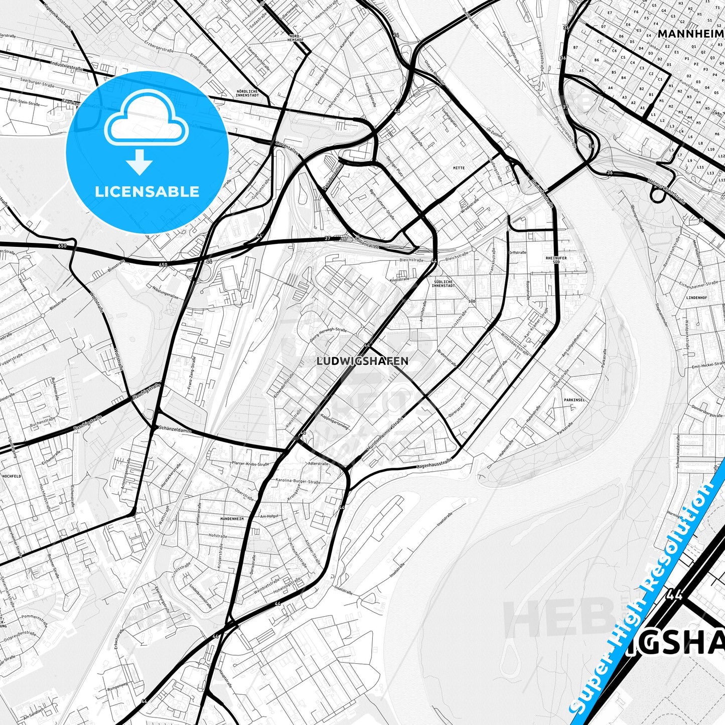 Ludwigshafen am Rhein, Germany Light Map with Street Names, City Names, and Districts