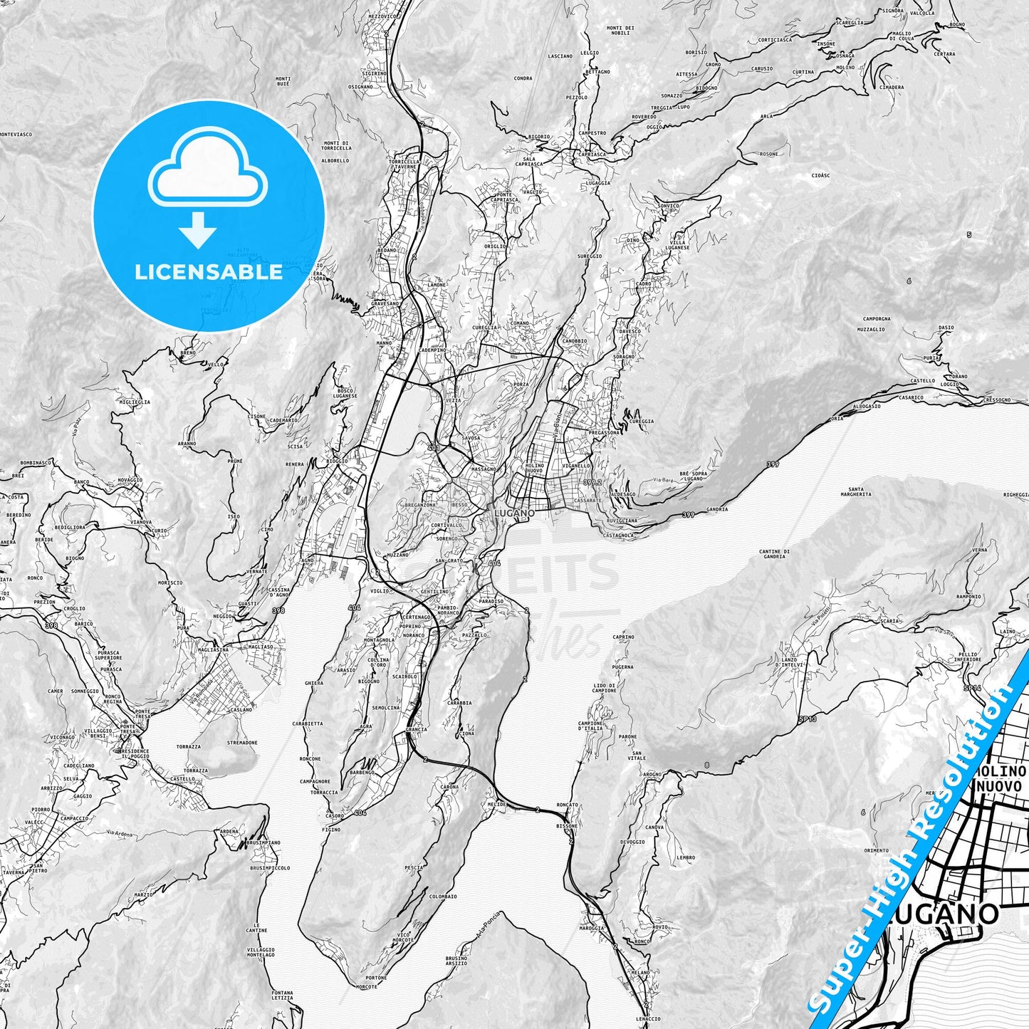 Lugano, Switzerland light map with streetnames, citynames and districts