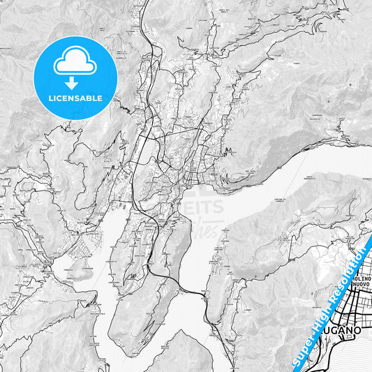 Lugano, Switzerland light map with streetnames, citynames and districts