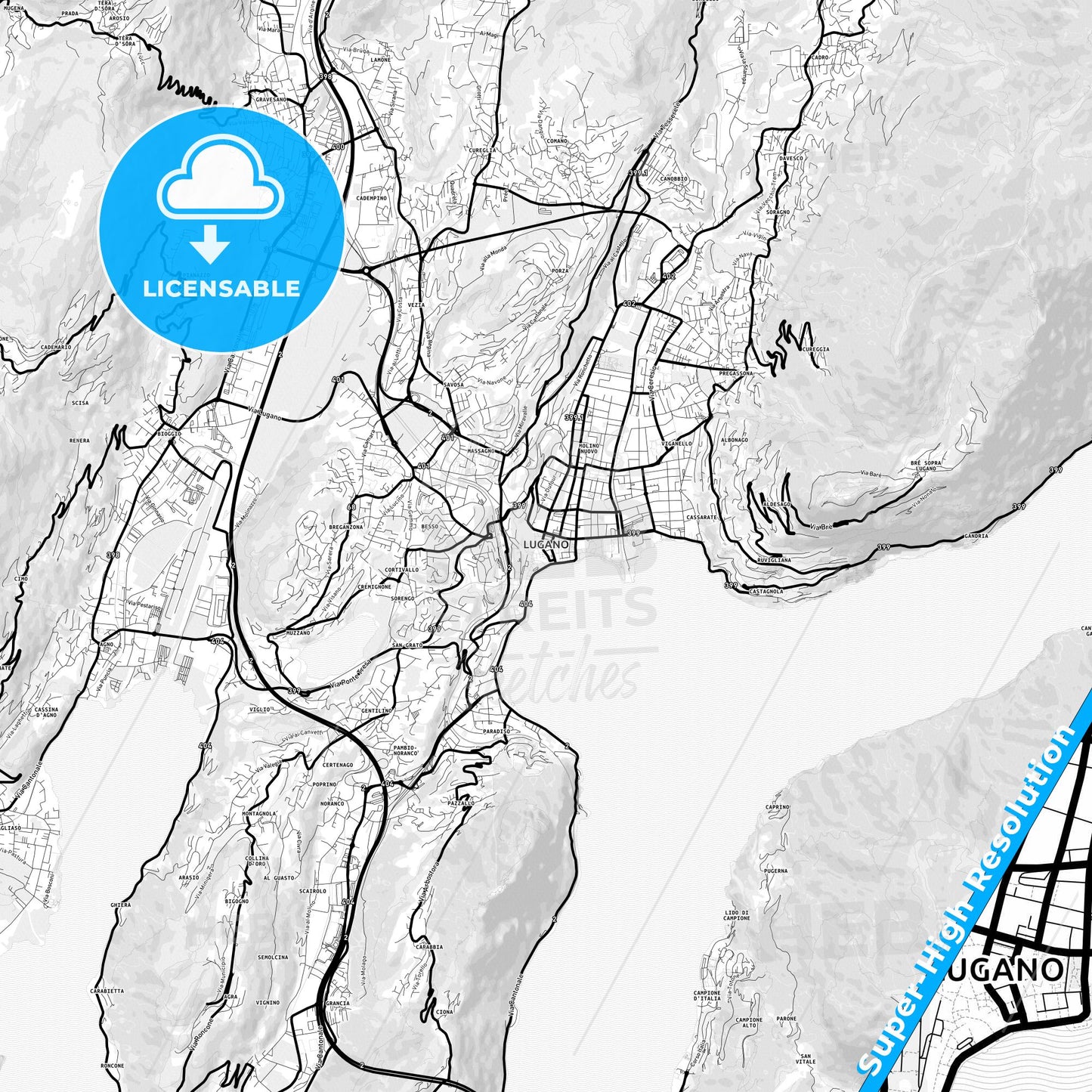 Lugano, Switzerland Light Map with Street Names, City Names, and Districts
