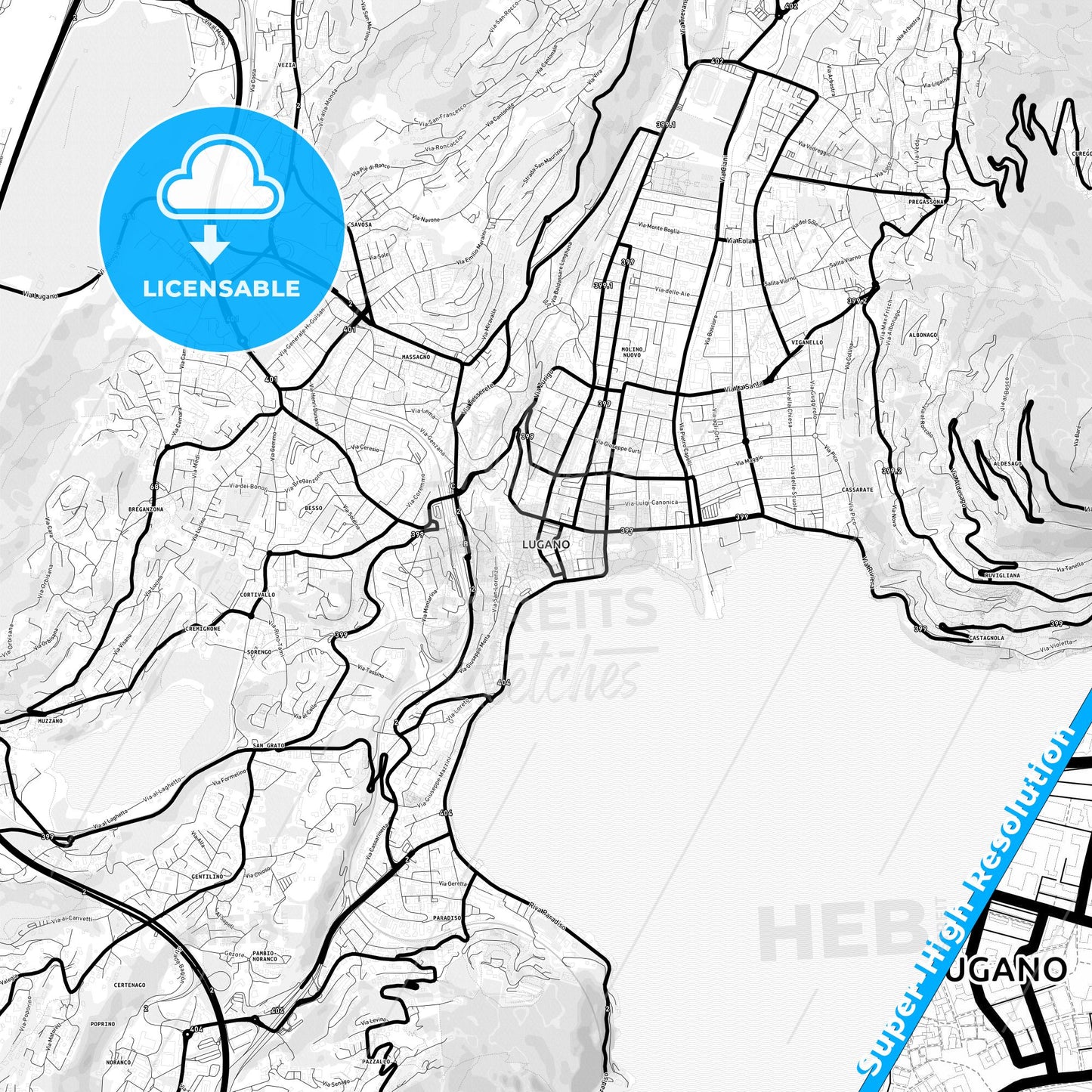 Lugano, Switzerland Light Map with Street Names, City Names, and Districts