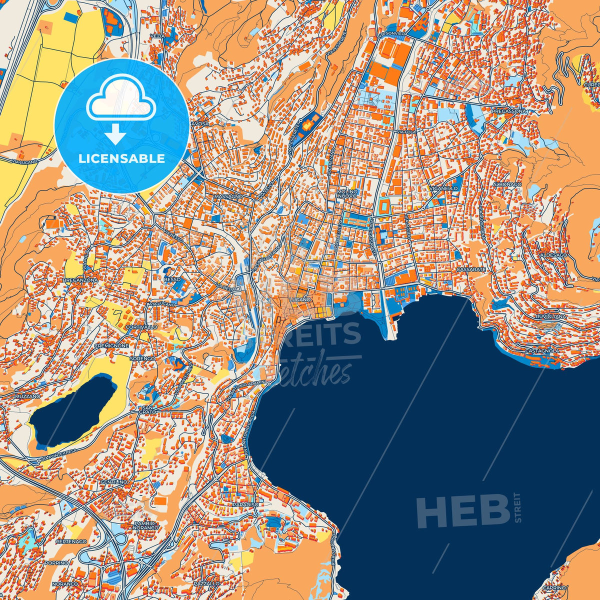 Colorful Lugano Street Map with Labels and Buildings