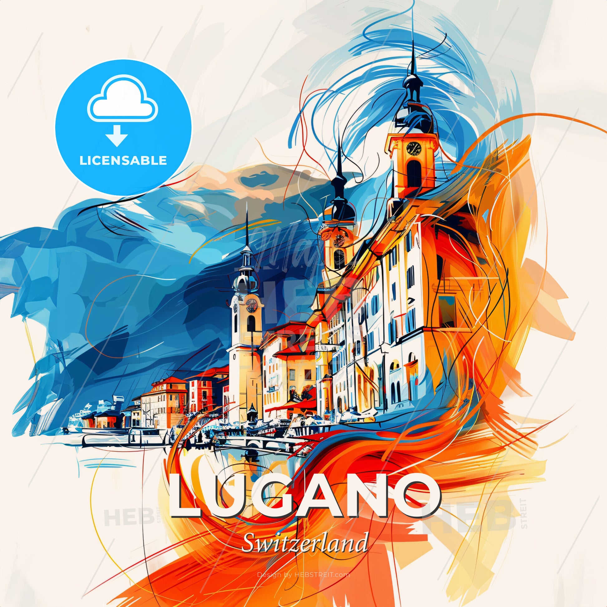 Vibrant Lugano, Switzerland - A Painting Of A Building With Towers And A Mountain In The Background - Square format print template