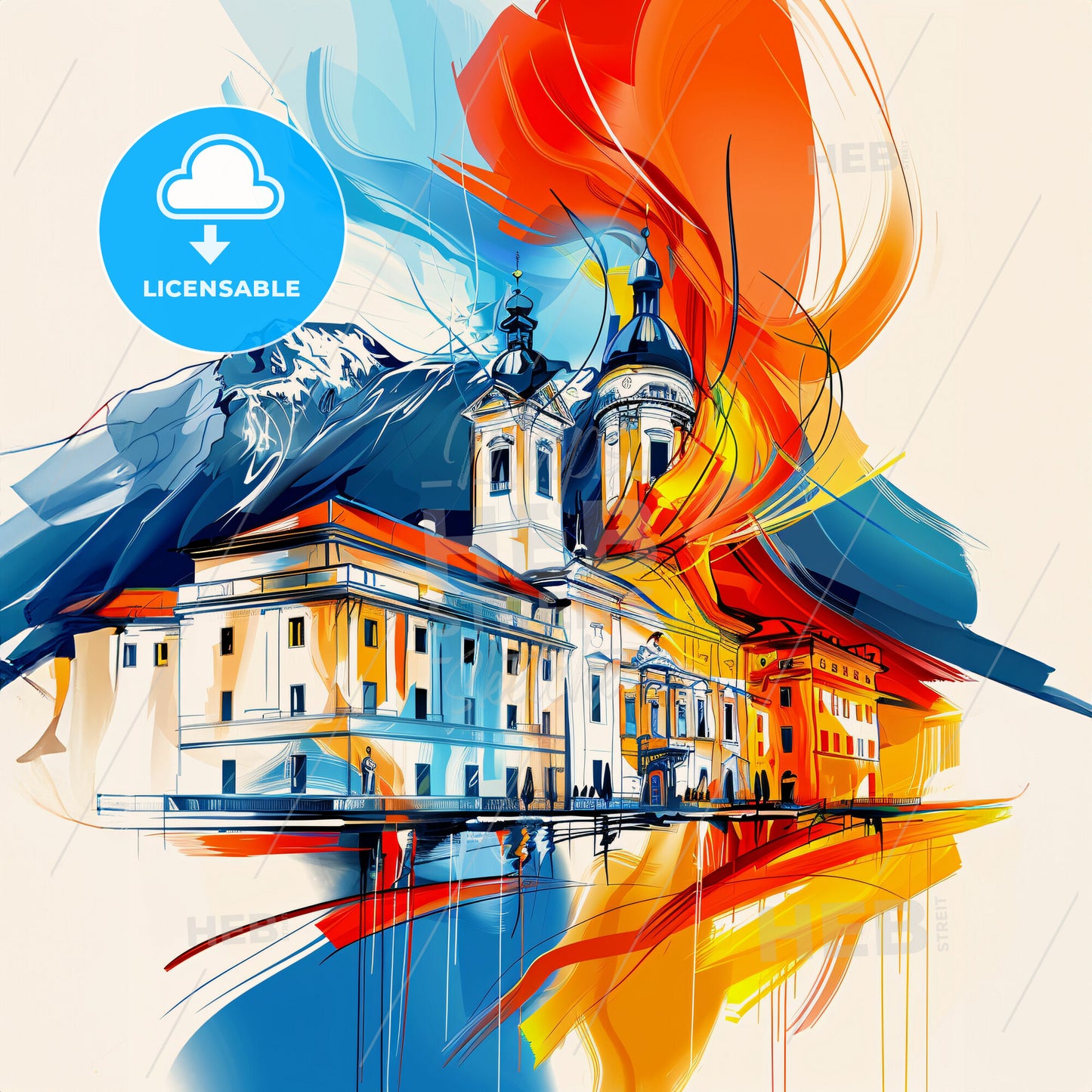 Vibrant Lugano, Switzerland - A Painting Of A Building With A Mountain In The Background