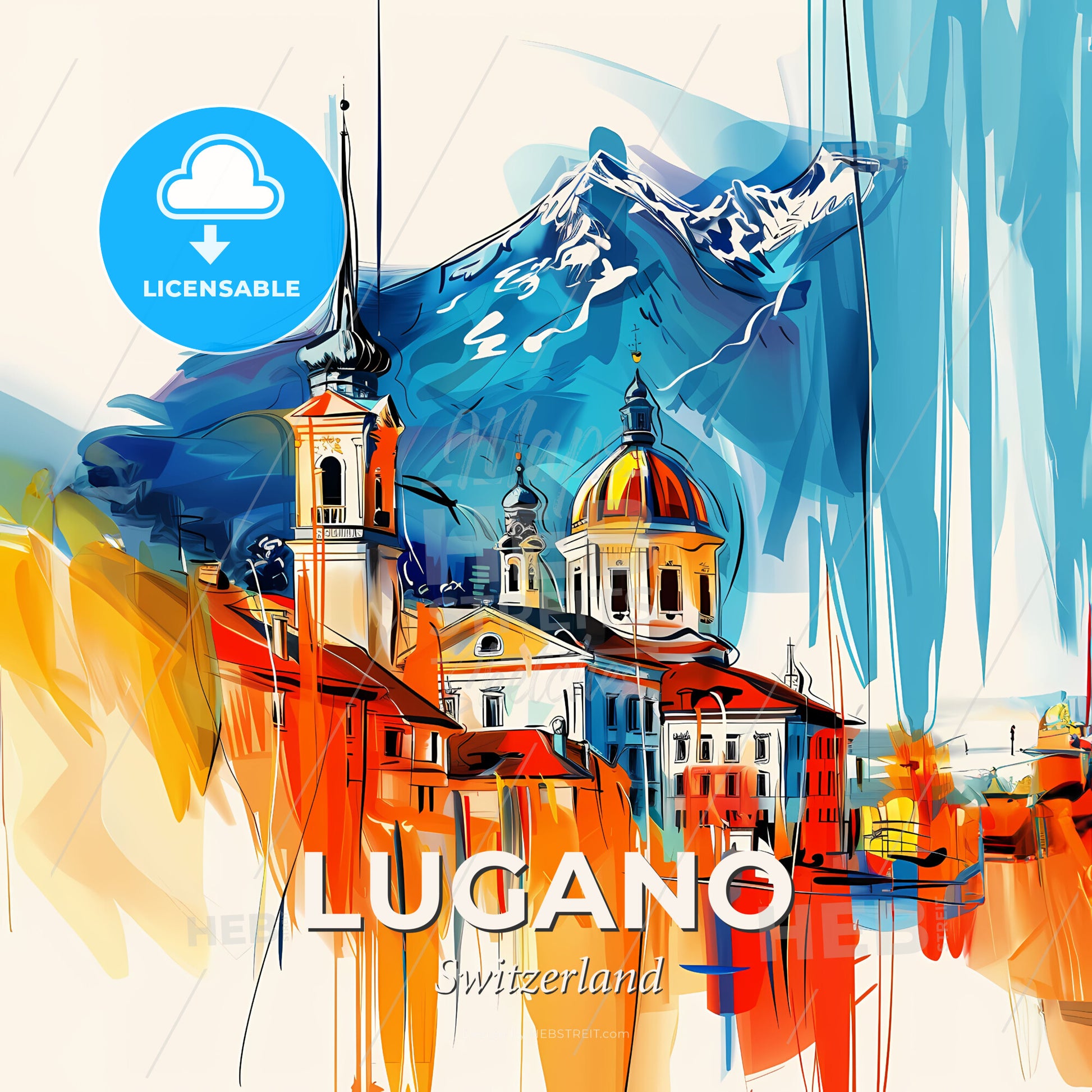 Vibrant Lugano, Switzerland - A Painting Of A Town With A Mountain In The Background - Square format print template