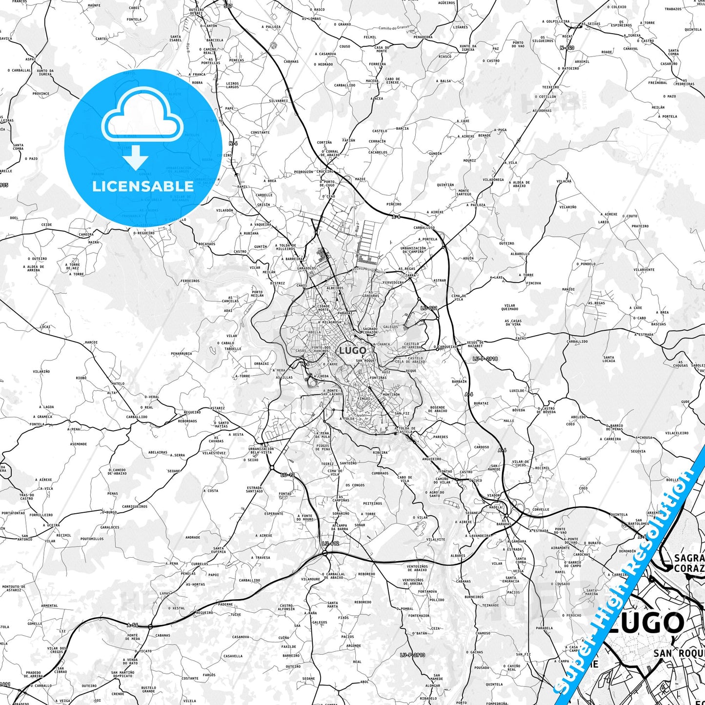 Lugo, Spain light map with streetnames, citynames and districts