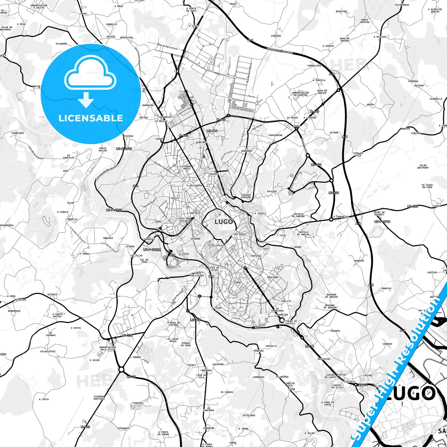Lugo, Spain Light Map with Street Names, City Names, and Districts