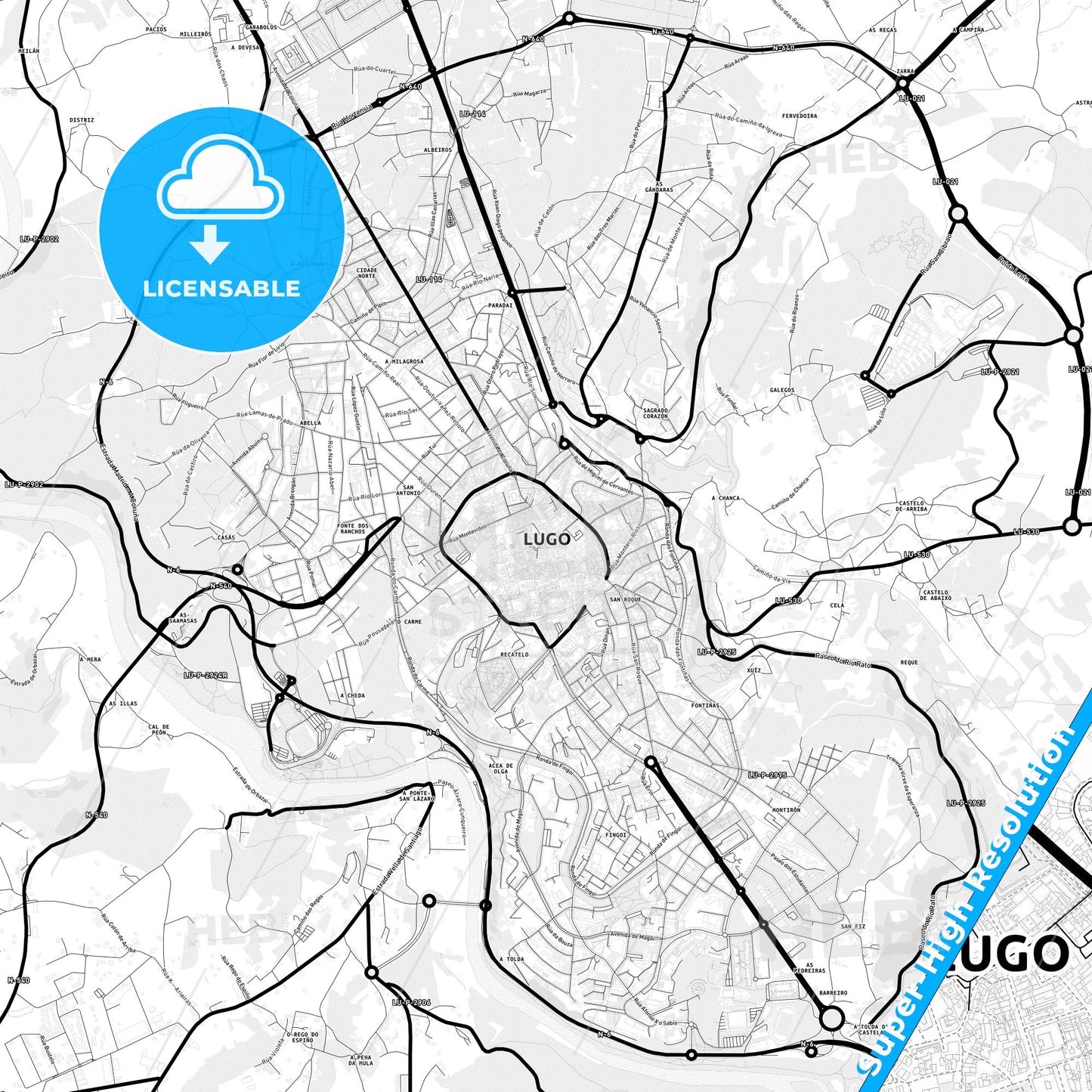 Lugo, Spain Light Map with Street Names, City Names, and Districts