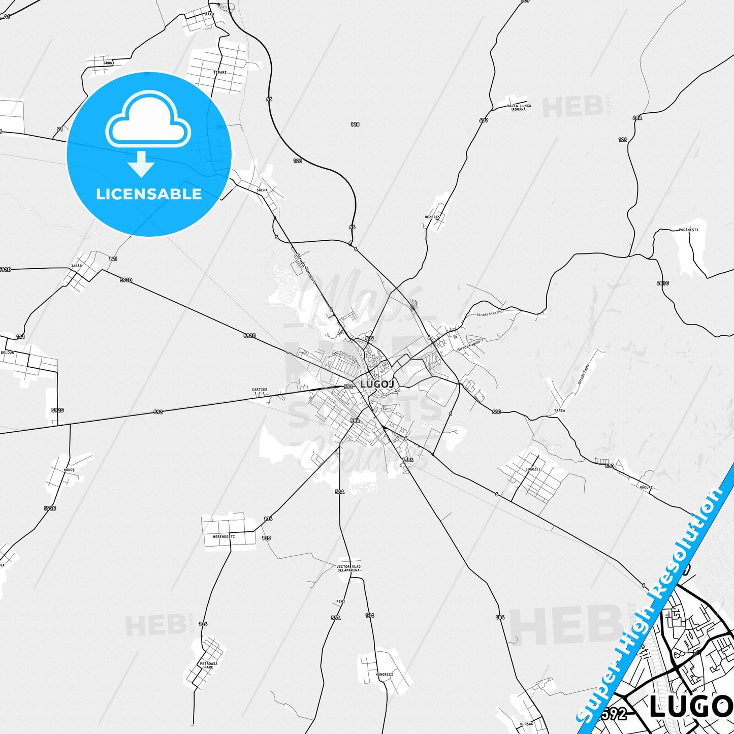 Lugoj, Romania light map with streetnames, citynames and districts