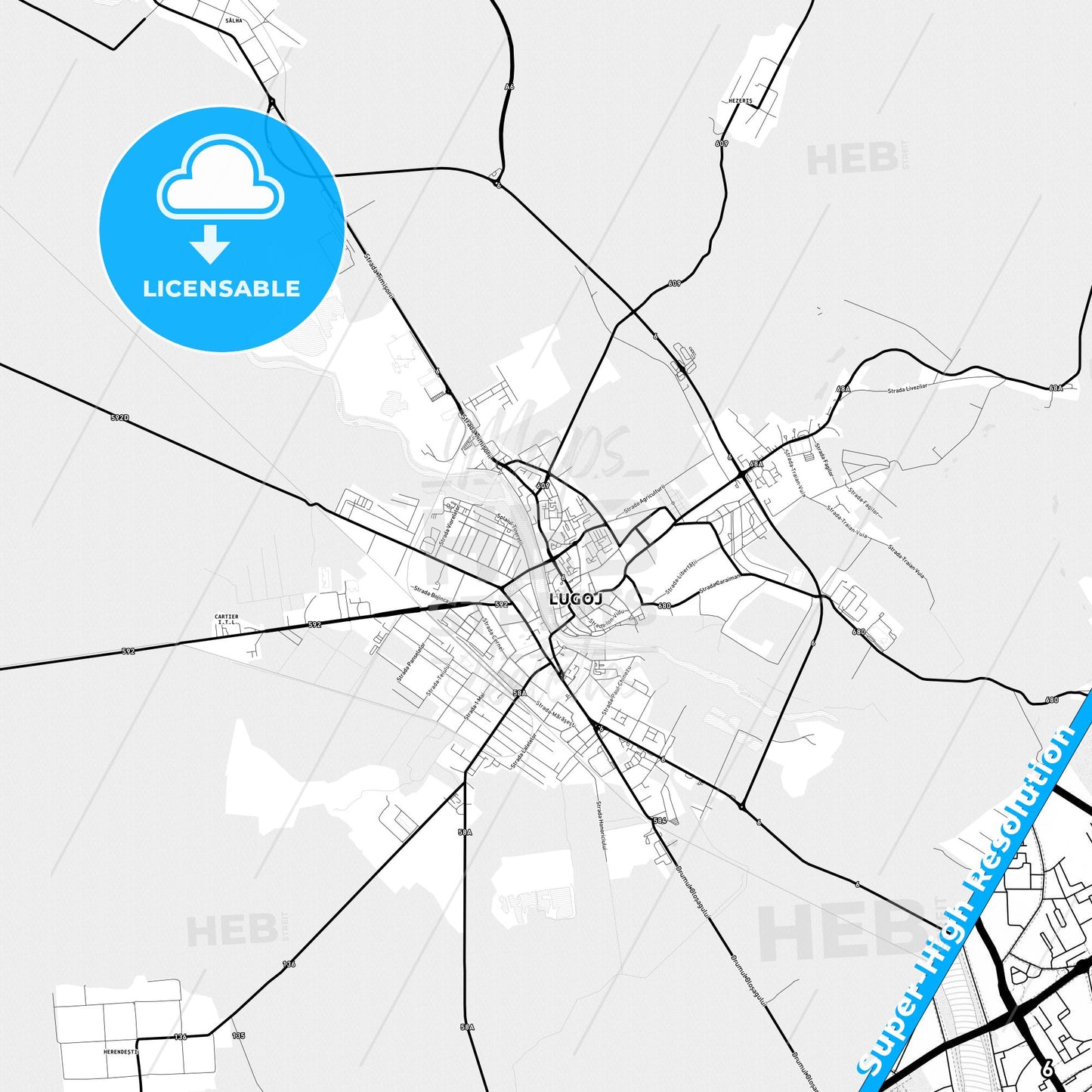 Lugoj, Romania Light Map with Street Names, City Names, and Districts