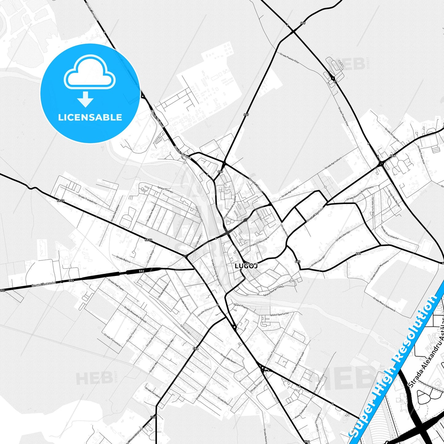 Lugoj, Romania Light Map with Street Names, City Names, and Districts