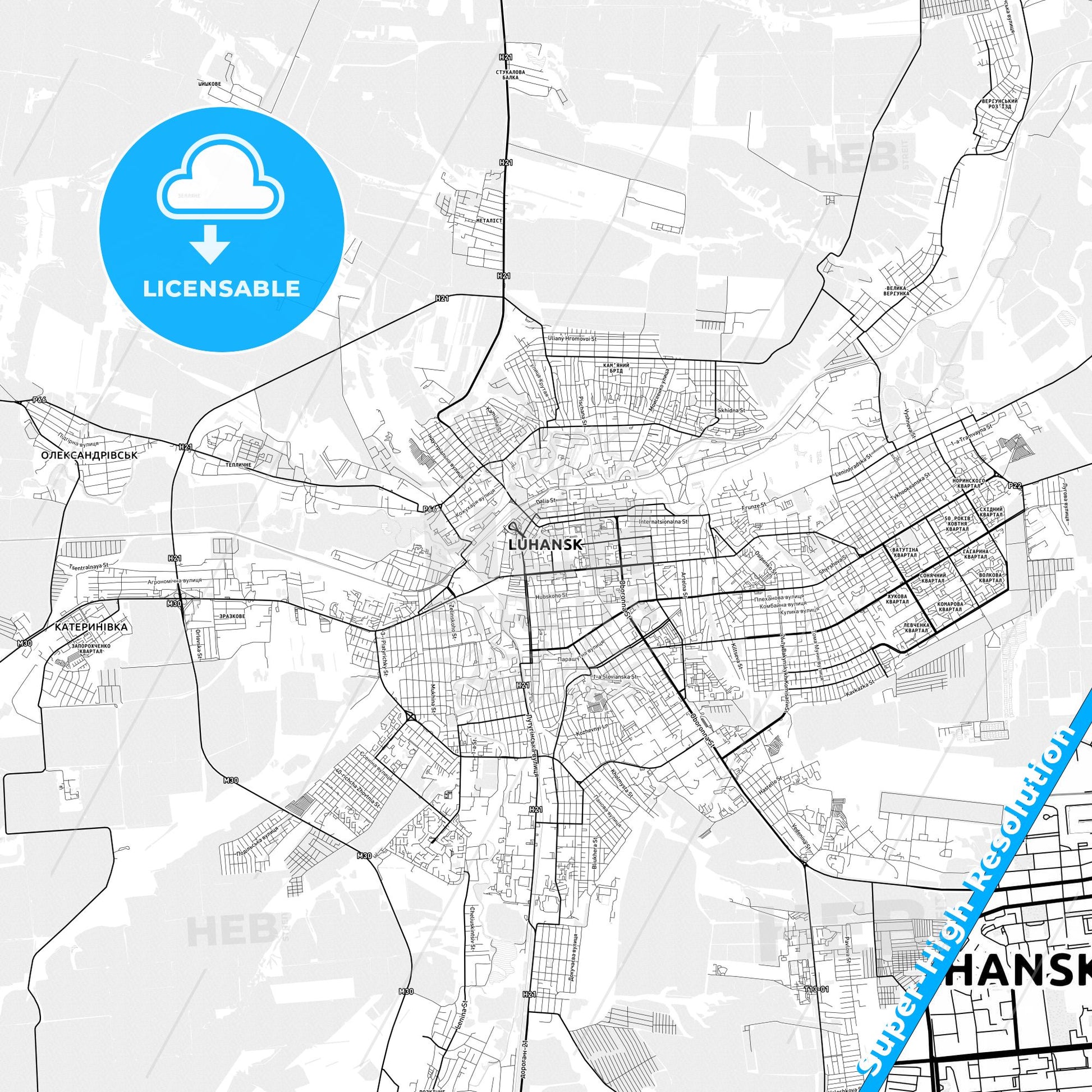 Luhansk, Ukraine light map with streetnames, citynames and districts