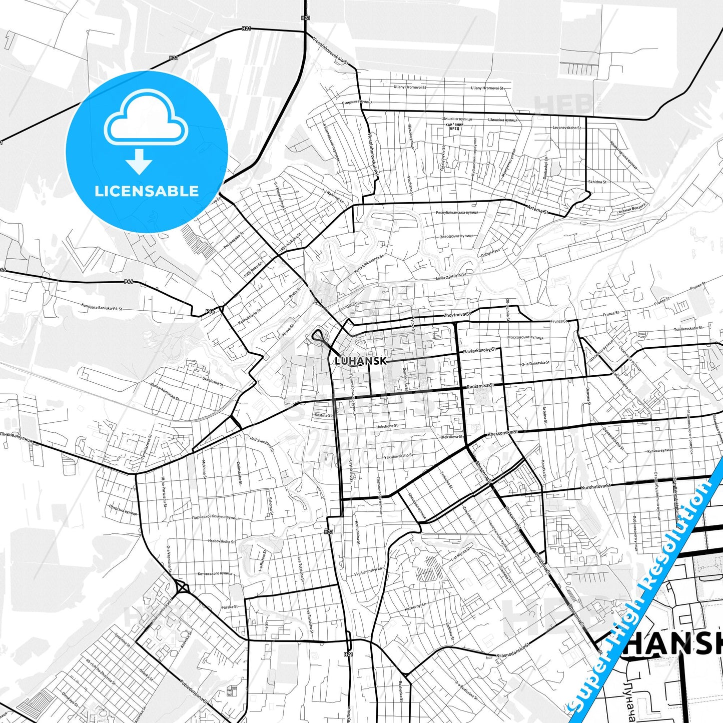 Luhansk, Ukraine Light Map with Street Names, City Names, and Districts