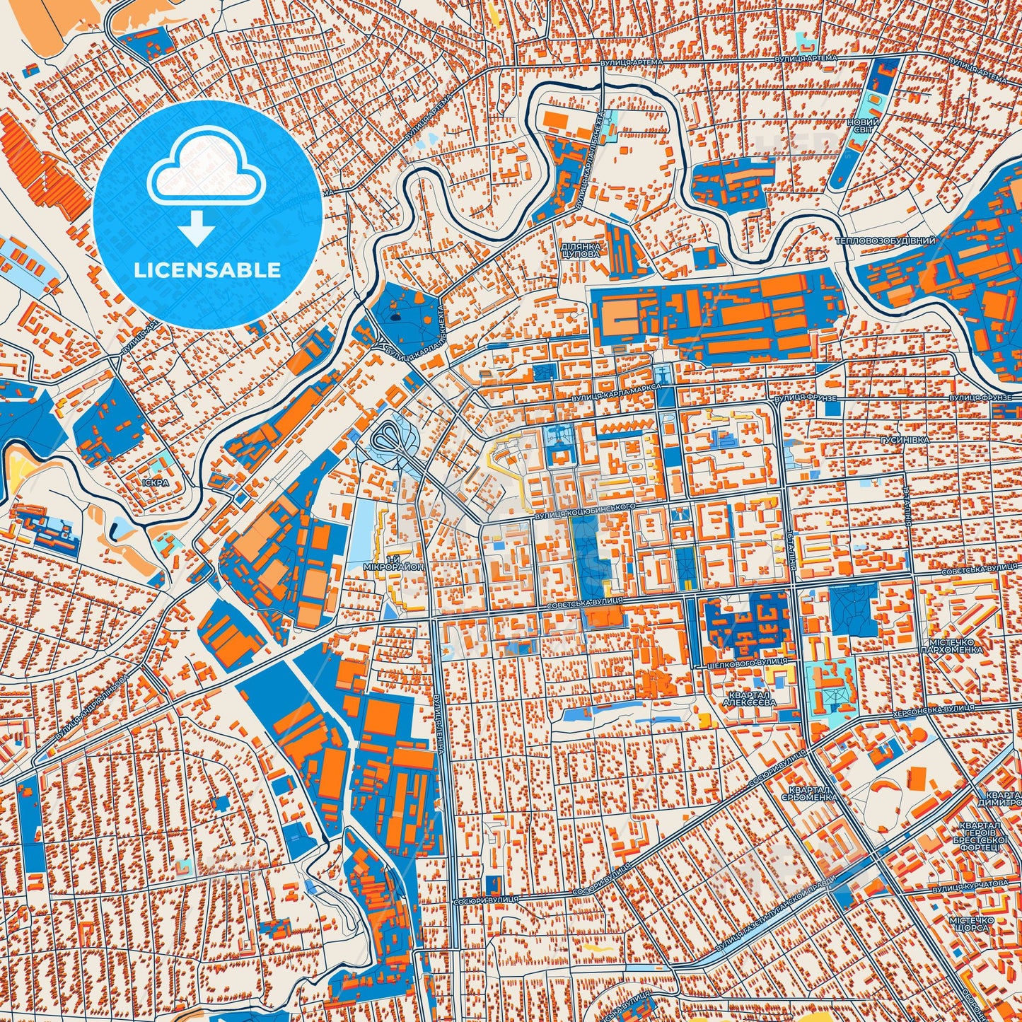 Colorful Luhansk Street Map with Labels and Buildings