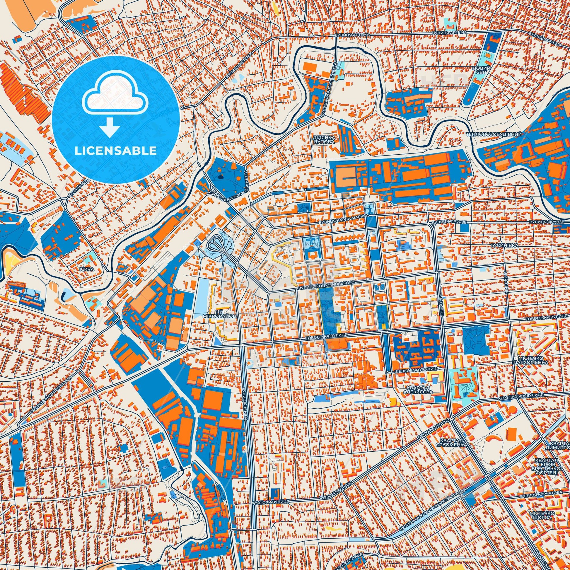Colorful Luhansk Street Map with Labels and Buildings