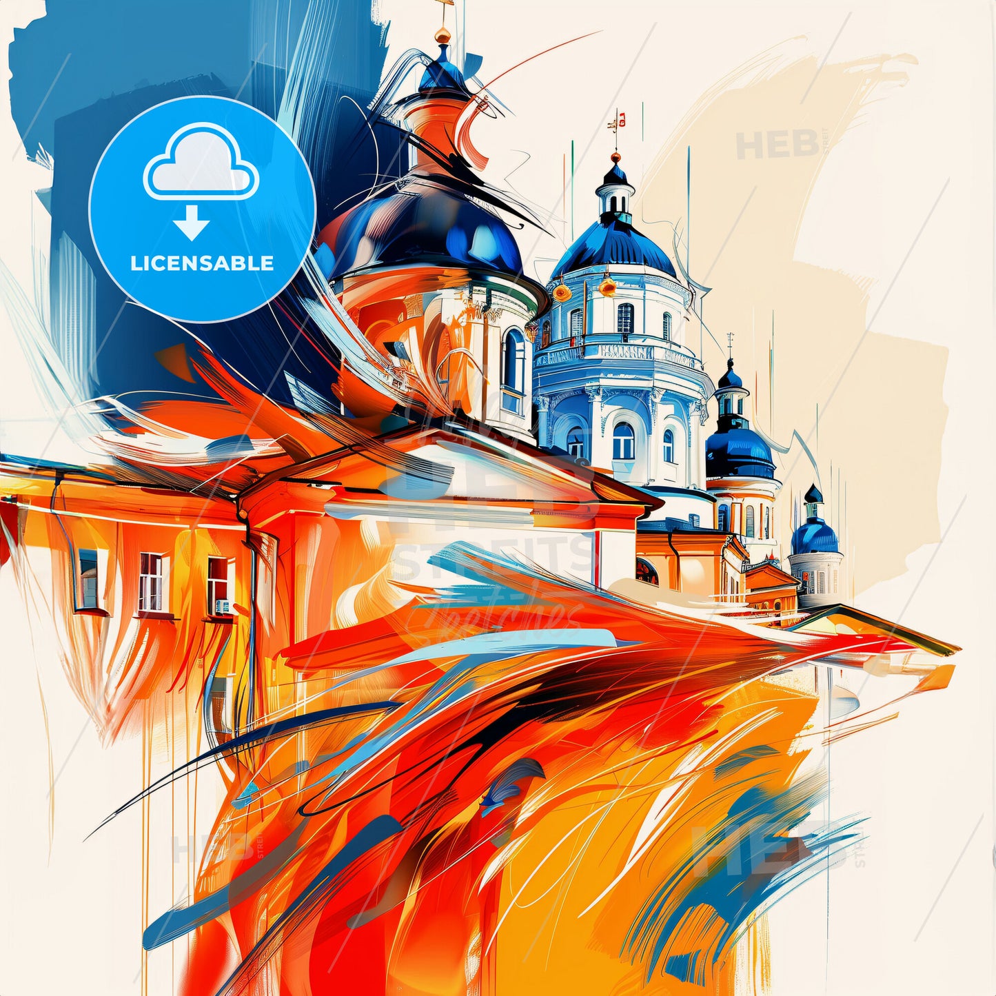 Vibrant Луганськ, Ukraine - A Painting Of A Building With Blue And Orange Domes