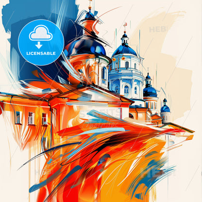 Vibrant Луганськ, Ukraine - A Painting Of A Building With Blue And Orange Domes