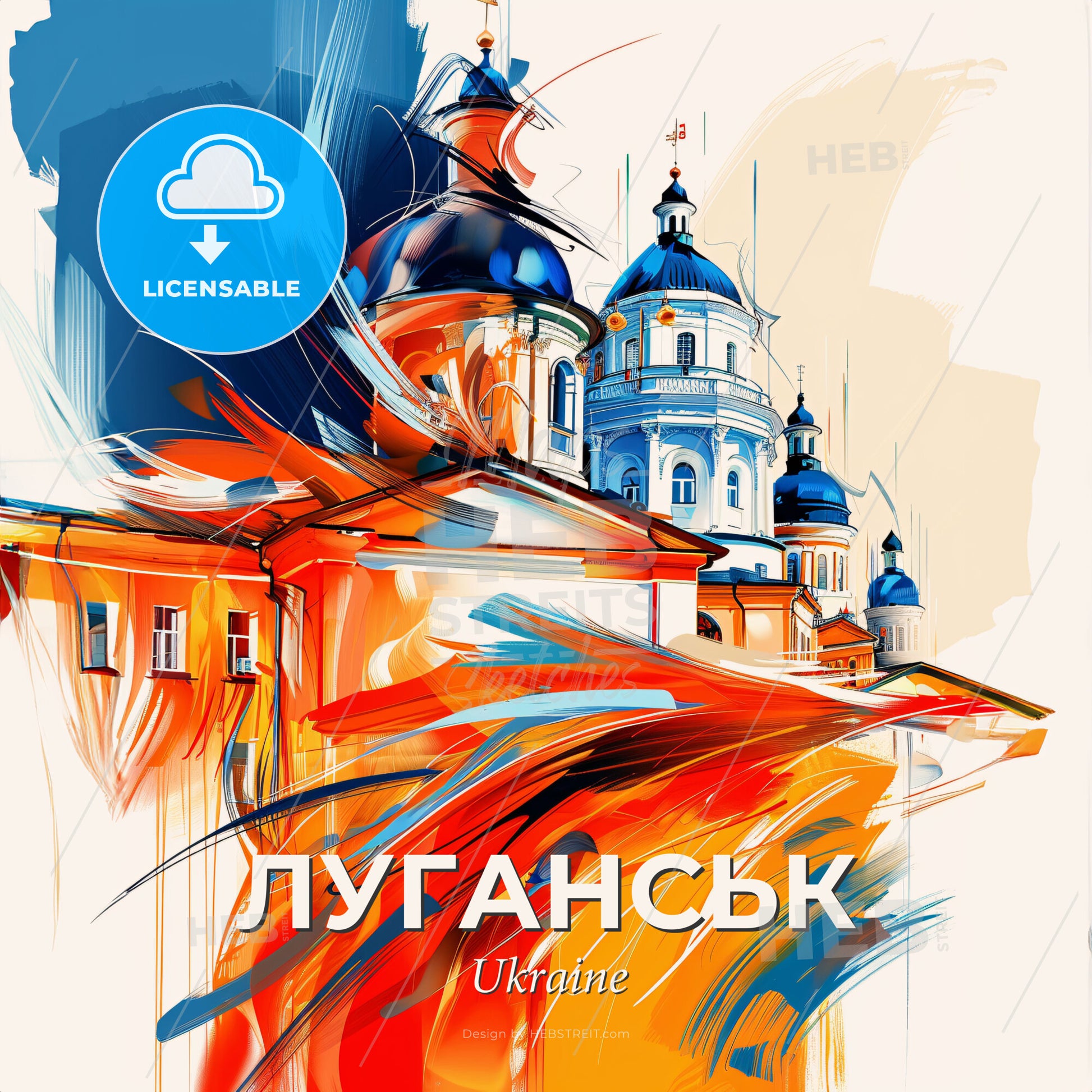 Vibrant Луганськ, Ukraine - A Painting Of A Building With Blue And Orange Domes - Square format print template