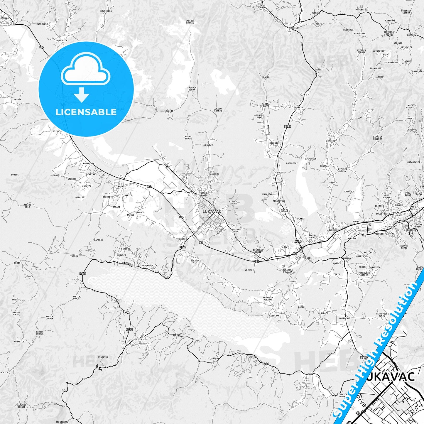 Lukavac, Bosnia and Herzegovina light map with streetnames, citynames and districts