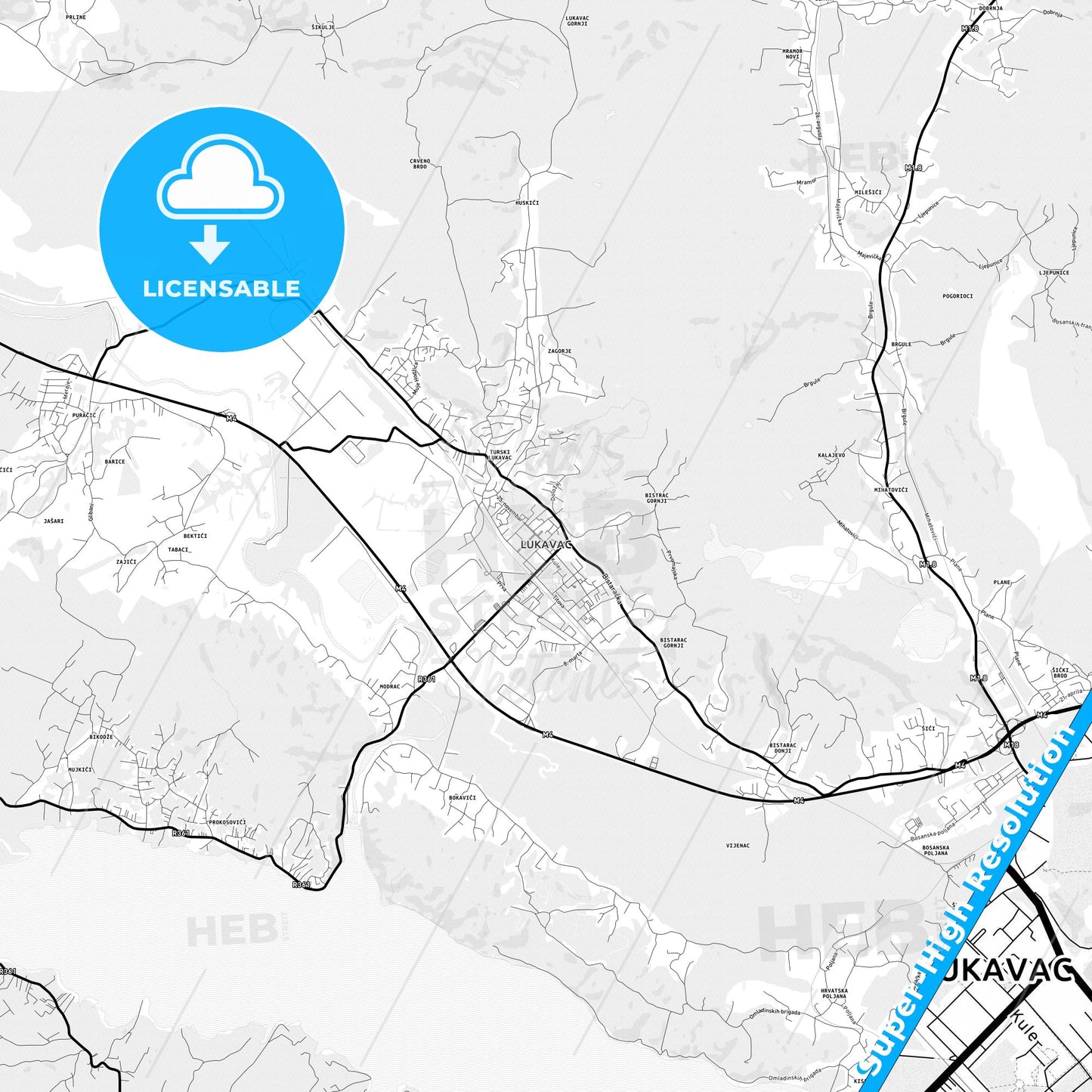 Lukavac, Bosnia and Herzegovina Light Map with Street Names, City Names, and Districts