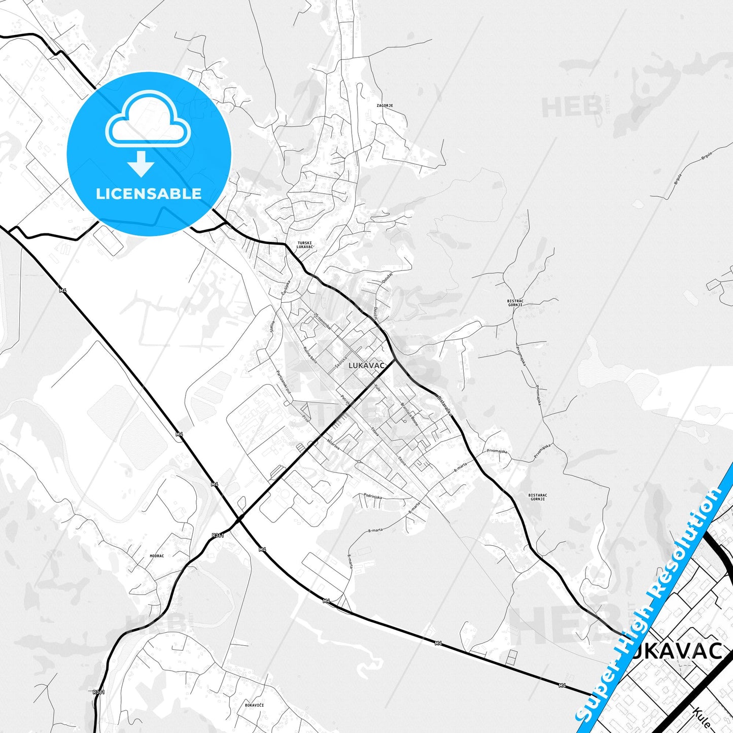 Lukavac, Bosnia and Herzegovina Light Map with Street Names, City Names, and Districts
