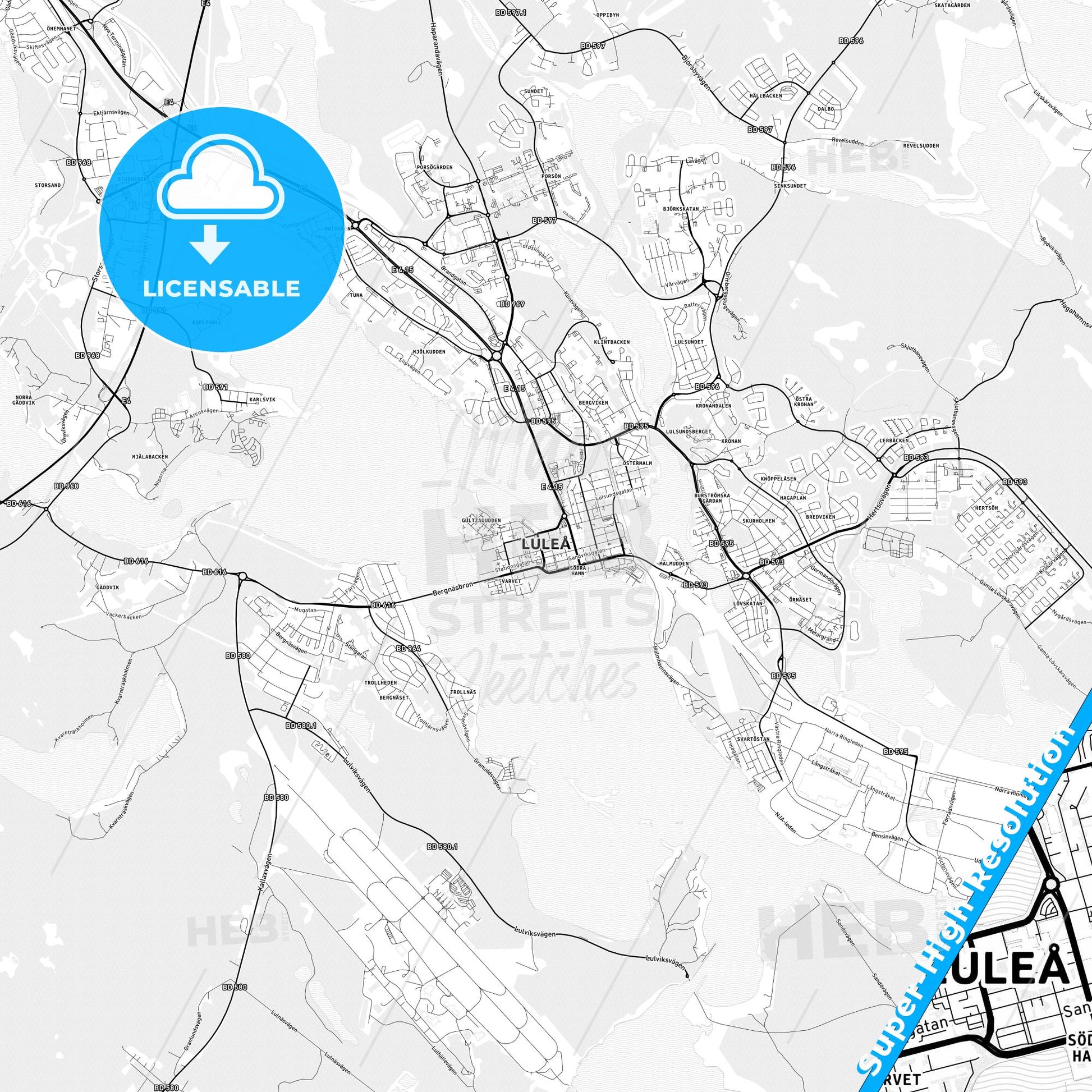 Luleå, Sweden light map with streetnames, citynames and districts