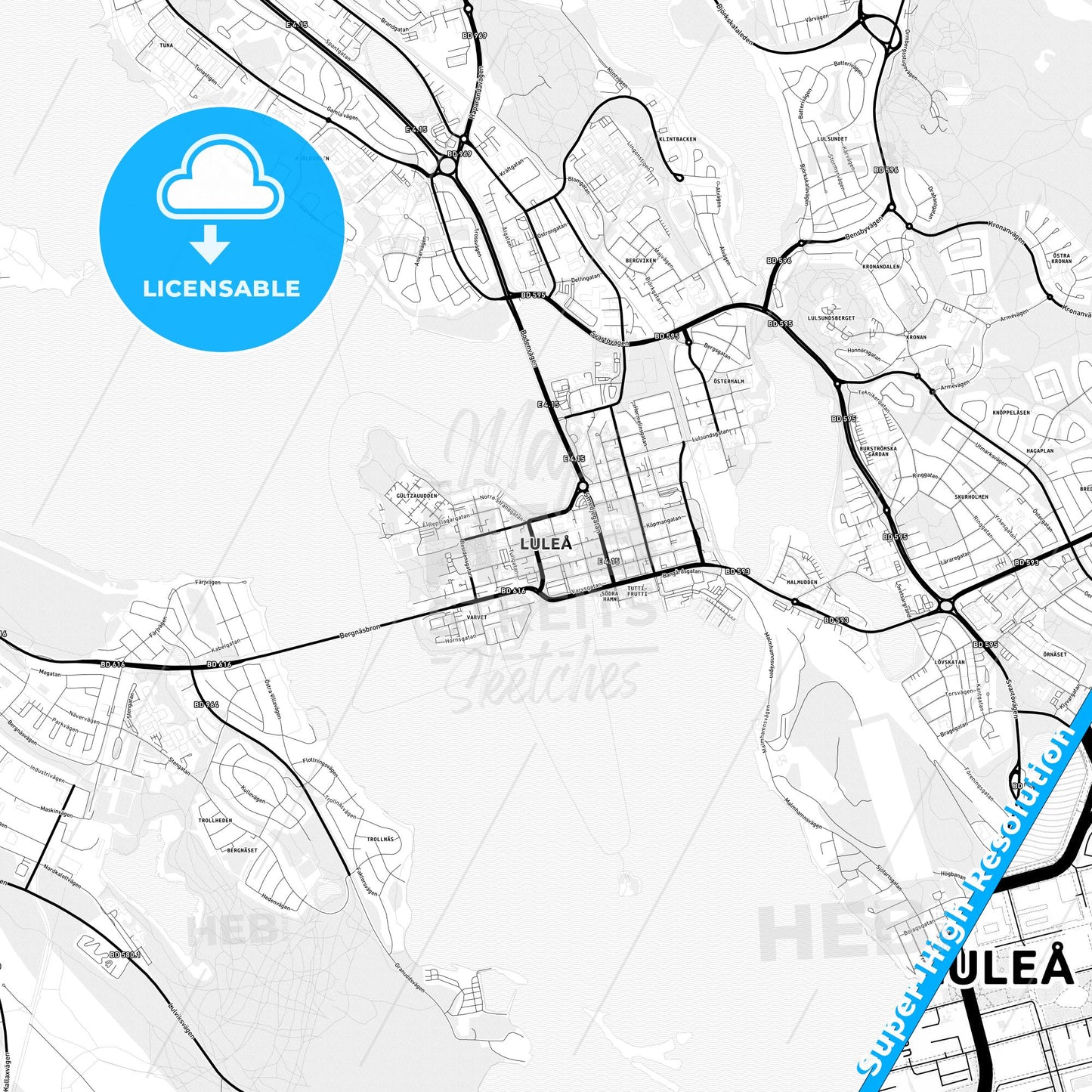 Luleå, Sweden Light Map with Street Names, City Names, and Districts