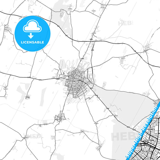 Lüleburgaz, Turkey light map with streetnames, citynames and districts